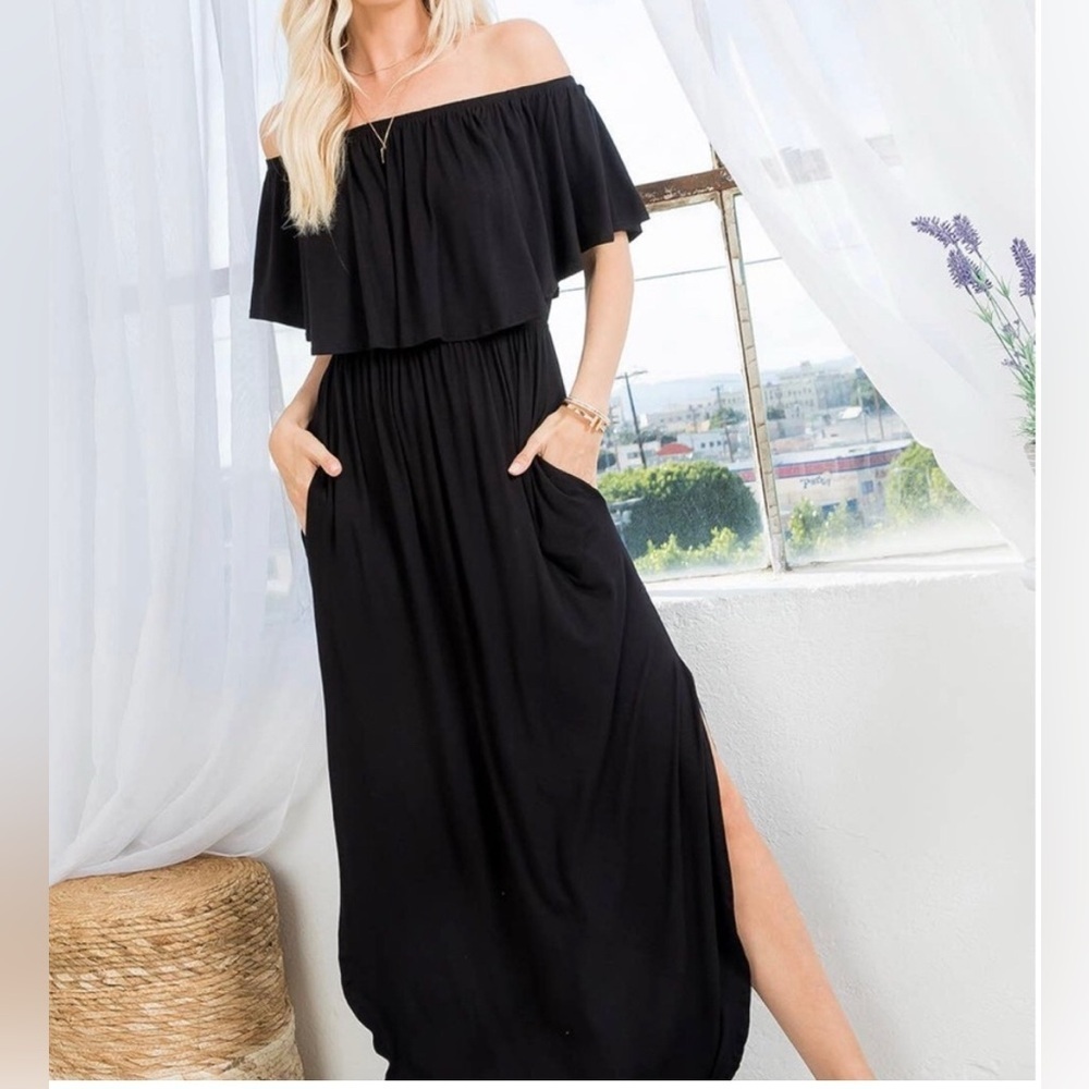 Sweet Lovely by Jen navy/white stripe off shoulder maxi dress